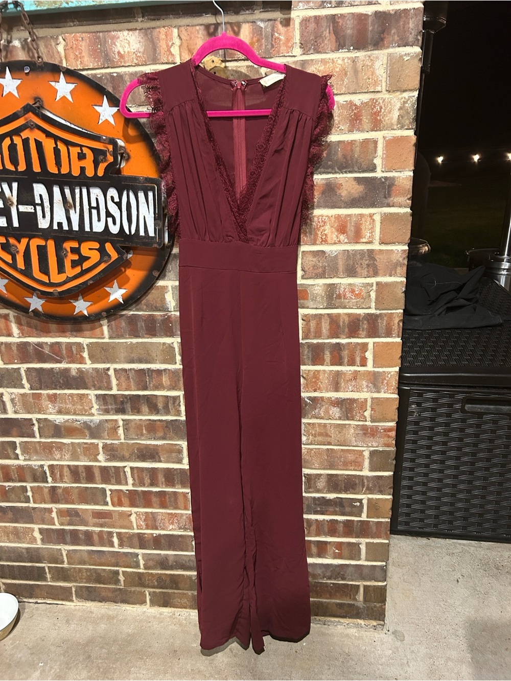 Altar'd State Burgundy Lace-Trim V-Neck Jumpsuit